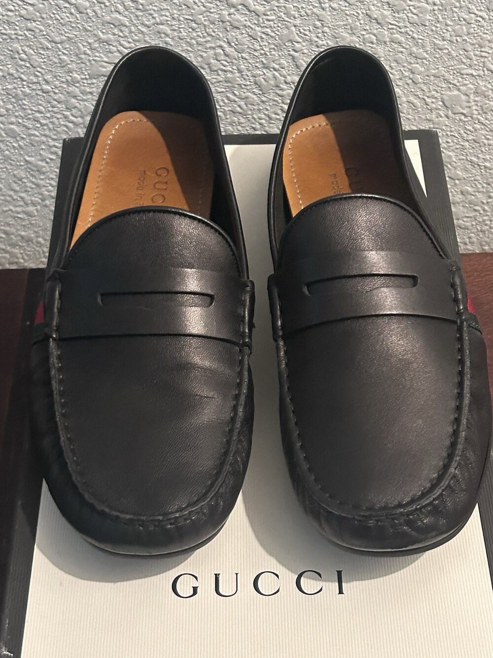 AUTHENTIC GUCCI BLACK DRIVER MOCCASINS WEB DESIGN SZ GG 7.5 (US 8.5) 407411